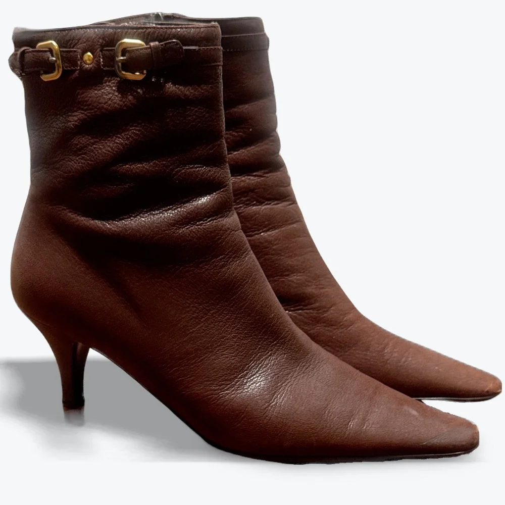 Prada Vintage Ankle Boots Y2K Brown Leather Buckle Square Pointed Chisel Toe 38
